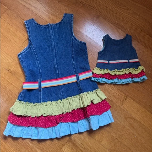 American Girl Bitty Baby Denim Dress with Colorful Ruffles & Matching Doll Dress - Picture 3 of 3